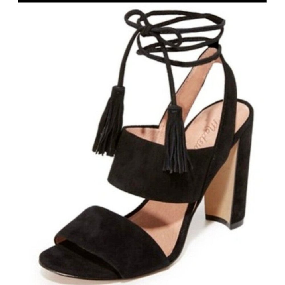 Madewell Black Suede Tassel Ankle-Tie Block Heel Sandals